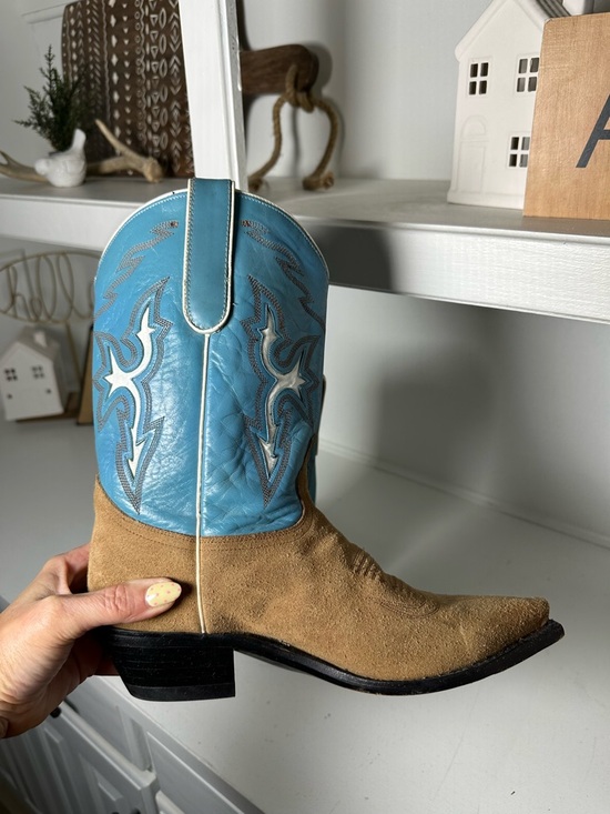 Dan Post Cowgirl Boots Womens 8.5M Genuine Cowhide Tan Blue Western Suede - Picture 7 of 9